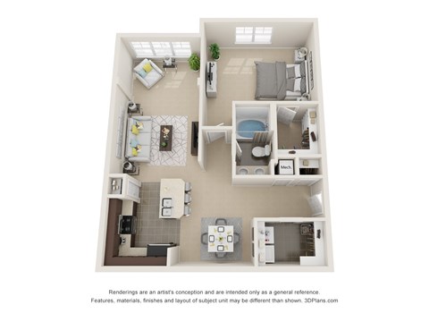 A 3D floor plan of a small apartment with a kitchen, living room, and bathroom.